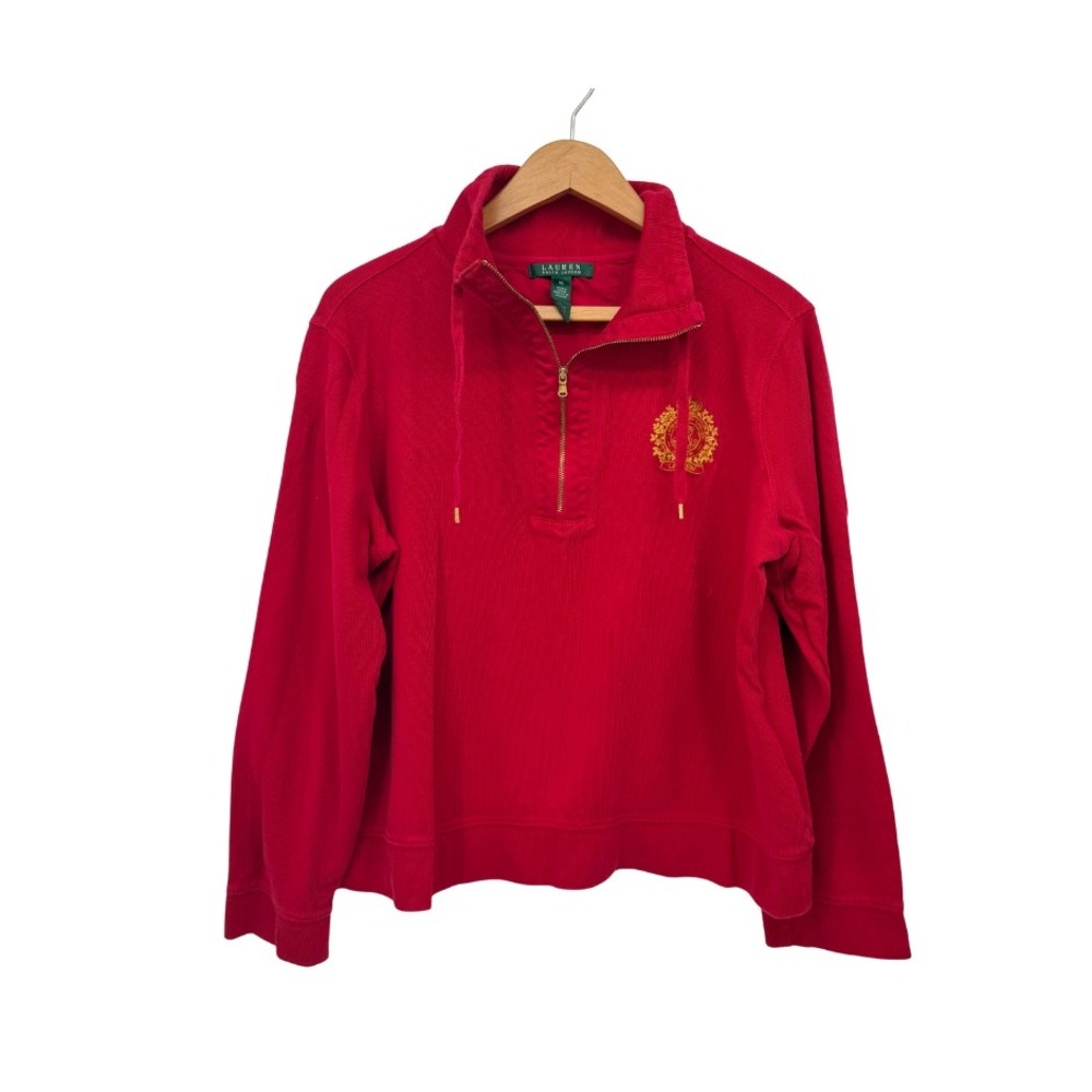 Lauren Ralph Lauren Pullover Quarter Zip Gold‎ Crest Red Preppy Cotton Size XL